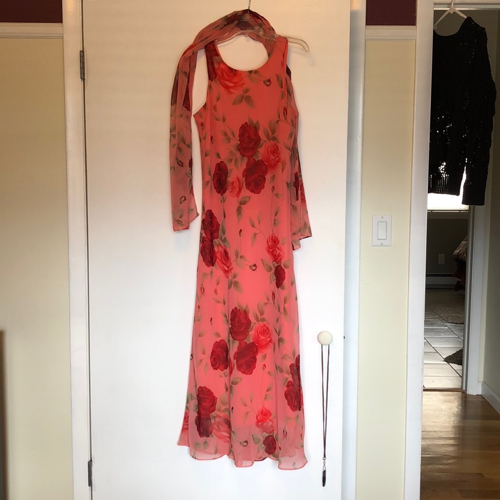 Pink/Coral Rose Dress with neck tie.